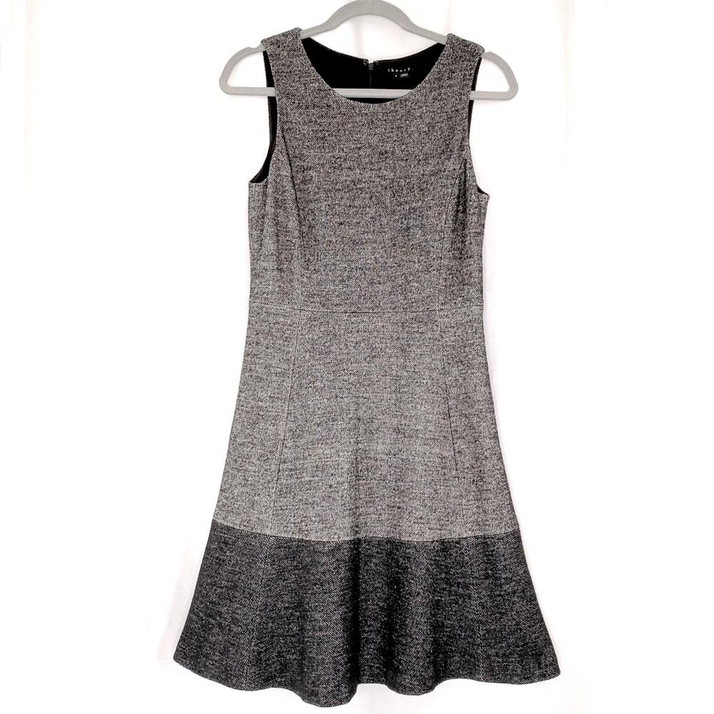 Theory Fit and Flare Dress Sz 6 Ninthia Barda Color Block Sleeveless Black Gray
